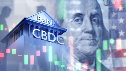 Bank CBDC. US economy. Central bank digital currency logo. Franklin portrait near American flag. US...