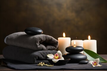 Obraz na płótnie Canvas Hot Stone Massage Setting With Towel, Candles, And Stones Copy Space
