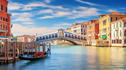 Romantic spring scene colorful morning panorama with Bridge Picturesque city traveling concept background.
 - obrazy, fototapety, plakaty