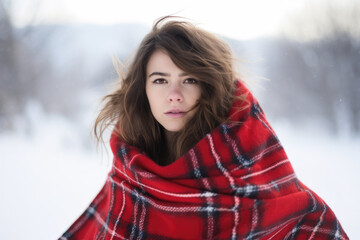 Fototapeta premium Woman wearing huge red plaid scarf, winter season 