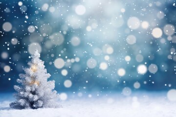 Fototapeta na wymiar Snowy Abstract Winter Background With Blurred Christmas Tree Empty Space