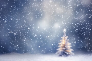 Fototapeta na wymiar Snowy Abstract Winter Background With Blurred Christmas Tree Empty Space