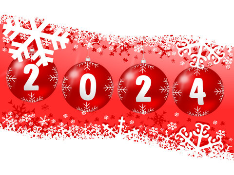 New years 2024 illustration with red Christmas baubles on white snowflakes background
