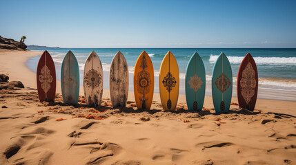 row surfboards on the beach