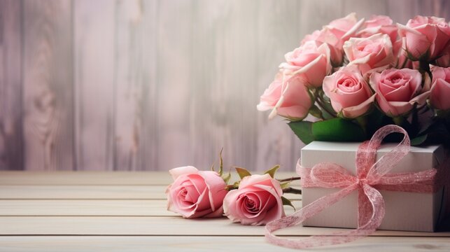 Roses bouquet and gifts on wooden background in style Celebratory interior Empty place for text For this photo applied toning effect and vignetting.