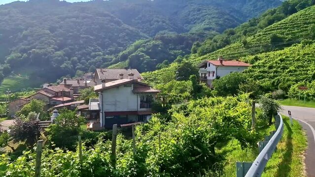 Valdobbiadene hills and vineyards in Treviso Italy Guia village, famous Prosecco wine route, scenic UNESCO rural landscape and green grape fields. Italian Terroir