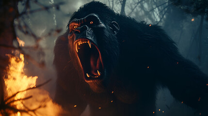 extremly agresive and insane gorilla, screaming in the middle of a forest during night
