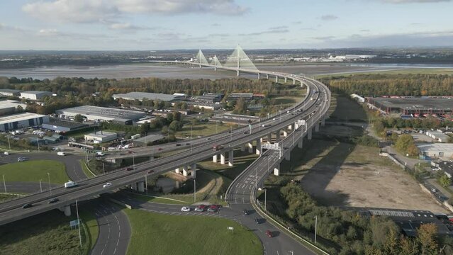 Roads leading to The Mersey Gateway Bridge and Astmoor Industrial Estate, Runcorn, Cheshire, England, slow approach view