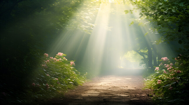 A serene, soft-focus image of a pathway leading through a forest or garden