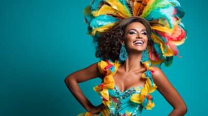 A captivating Brazilian woman strikes a pose in a vibrant samba costume, radiating energy and grace against a flat white background.