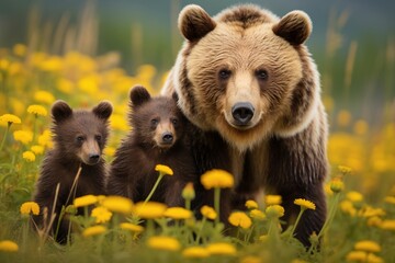 Obraz premium Grizzly Mother and Two Cubs On Mountain Slope