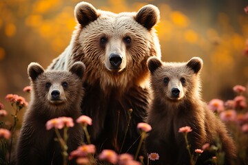 Obraz premium Grizzly Mother and Two Cubs On Mountain Slope