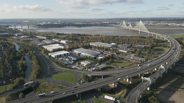 Orbit view of roads leading to The Mersey Gateway Bridge and Astmoor Industrial Estate, Runcorn, Cheshire, England