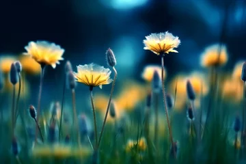 Photo sur Plexiglas Herbe Floral summer spring background. Yellow dandelion flowers close-up in a field on nature on a dark blue green background in evening at sunset. Colorful artistic image, free copy space. generative ai.