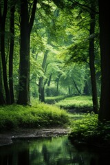 Fototapeta na wymiar a serene forest scene bathed in soft, diffused light