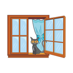 curtain in window with cat illustration 