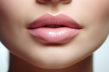 Lips augmentation concept, beautiful shinny plump lips closeup
