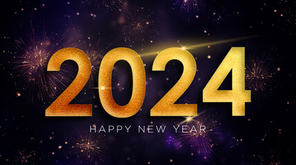 Happy New Year 2024, Gold text with a purple fireworks background 