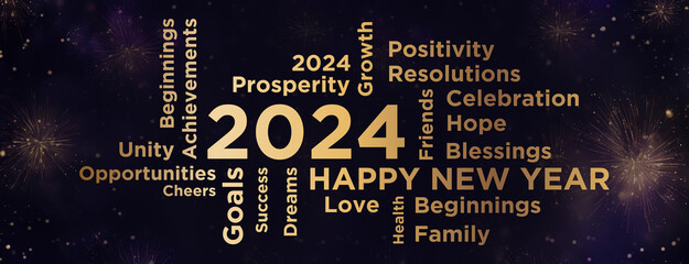 Happy New Year 2024, words cloud, Gold text with a purple fireworks background 