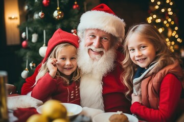 Fototapeta na wymiar children sit on the lap of a real Santa Claus indoors.