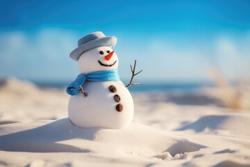 Snowman made of sand on the beach. Festive concept can be used for New Year and Christmas cards.