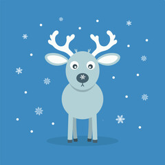 Gray Reindeer with Large Antlers on Blue Background with Snowflakes. Christmas Vector clipart