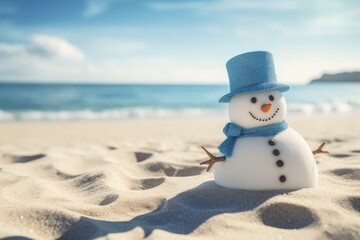 Snowman made of sand on the beach. Festive concept can be used for New Year and Christmas cards. - obrazy, fototapety, plakaty