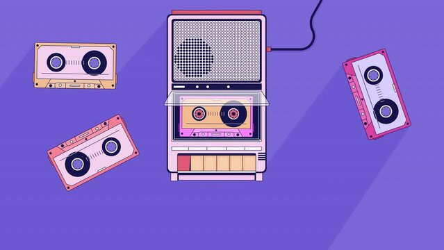 Old fashioned player cassette tapes cartoon animation. Audio device vintage 4K video motion graphic. Tape recorder music 2D animated background full frame, after hours aesthetic lofi live wallpaper