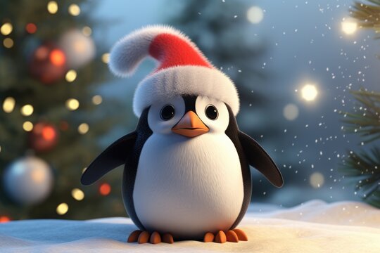 cheerful colorful penguin in santa claus hat near christmas tree