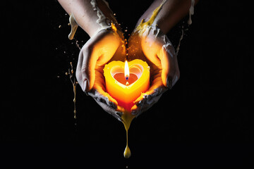Hands holding burning candle in dark like a heart.dripping wax from hands.black background.