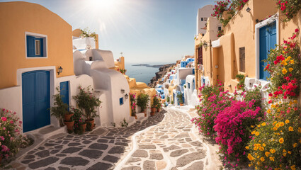 Fototapeta na wymiar Beautiful street with flowers, Santorini, Greece idyllic