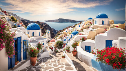 Beautiful street with flowers, Santorini, Greece colorful - obrazy, fototapety, plakaty