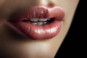 Lips augmentation concept, beautiful shinny lips closeup - obrazy, fototapety, plakaty