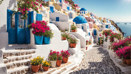 Beautiful street with flowers, Santorini, Greece outdoors - obrazy, fototapety, plakaty