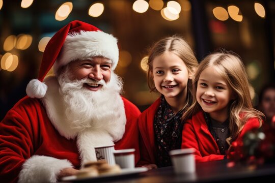 children sit on the lap of a real Santa Claus indoors.
