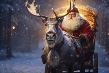 Santa Claus on a sleigh with reindeers in the Christmas village.