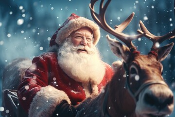 Santa Claus on a sleigh with reindeers in the Christmas village. - obrazy, fototapety, plakaty