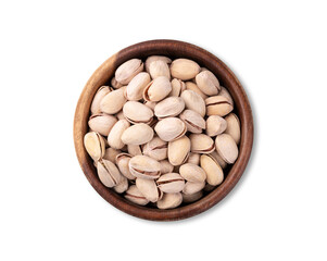 Salted roasted pistachios on a bowl isolated over white background