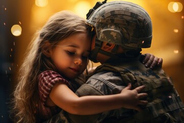 A soldier in military uniform hugs his daughter on the street, space for text. Family reunification.