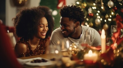 Obraz na płótnie Canvas Young African American couple drinking wine during dinner while celebrating Christmas at home. man and woman celebrating christmas
