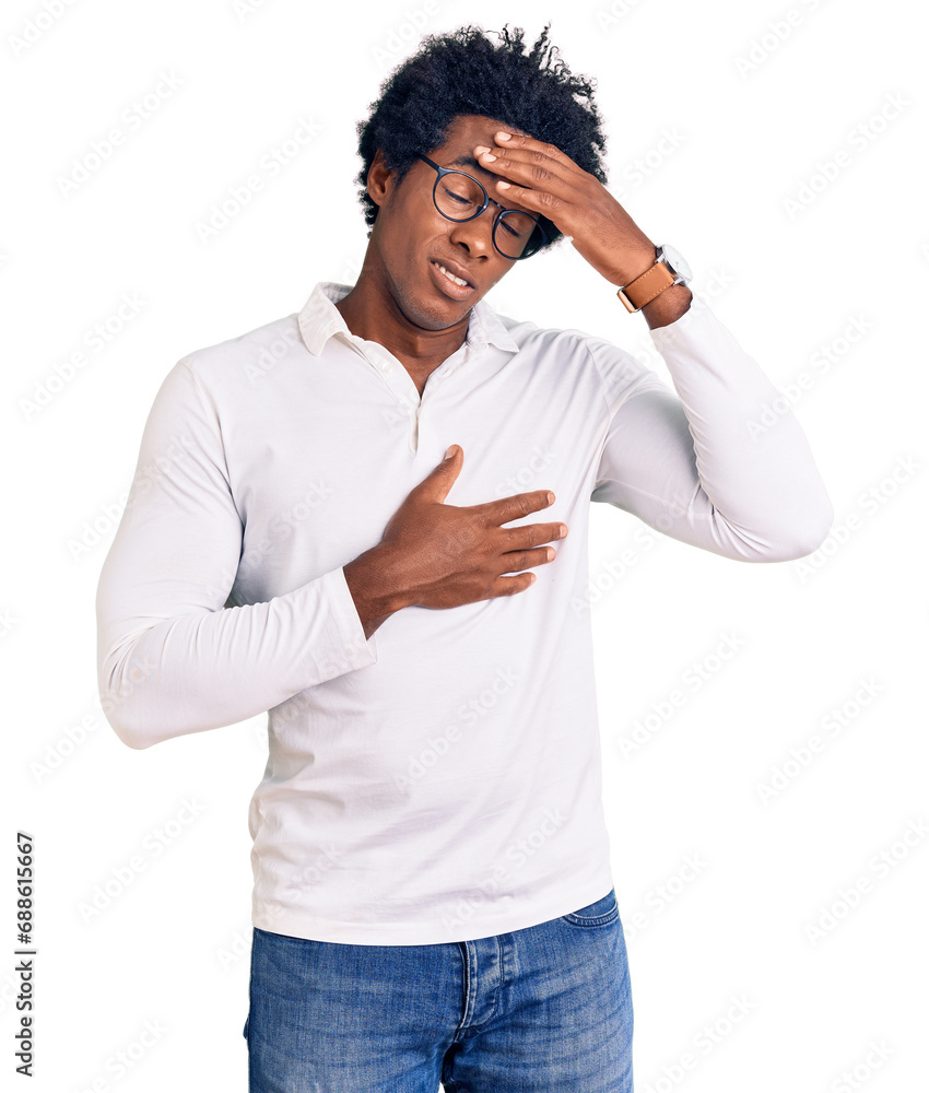 Poster handsome african american man with afro hair wearing casual clothes and glasses touching forehead fo