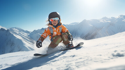 snowboarder kid in the mountains slope - Wintersport, snow, vacation.  - Powered by Adobe