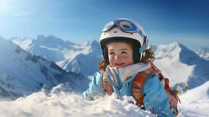 Fototapeta na wymiar snowboarder / skier kid in the mountains slope - Wintersport, snow, vacation. 
