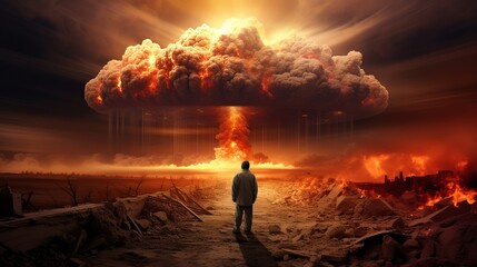 Obraz premium The consequences of a nuclear war. The silhouette of a man against the background of the smoke of a nuclear explosion.