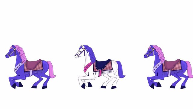 Carousel horses galloping attraction line 2D object animation. Funfair carnival traditional flat color cartoon 4K video, alpha channel. Fairytale antique horses animated item on white background