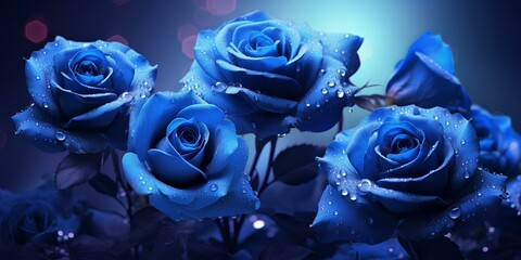 Beautiful blue roses with dew drops. floral background.