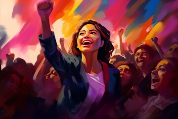 Woman raising her fist is a women's protest for rights and equality.