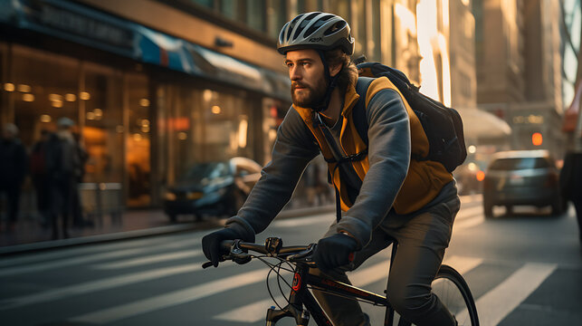 Person Riding A Bike In The City - Side View Of A Man Riding A Bycicle, Helmet,