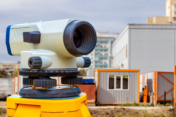 Geodetic instrument. Equipment for construction work. Optical theodolite on tripod. Geodetic...