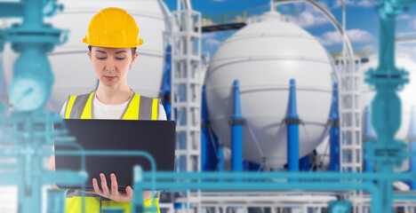 Woman factory employee. Girl works in plant. Production specialist. Woman technologist with laptop. Factory engineer in protective helmet. Blurred factory behind female technologist